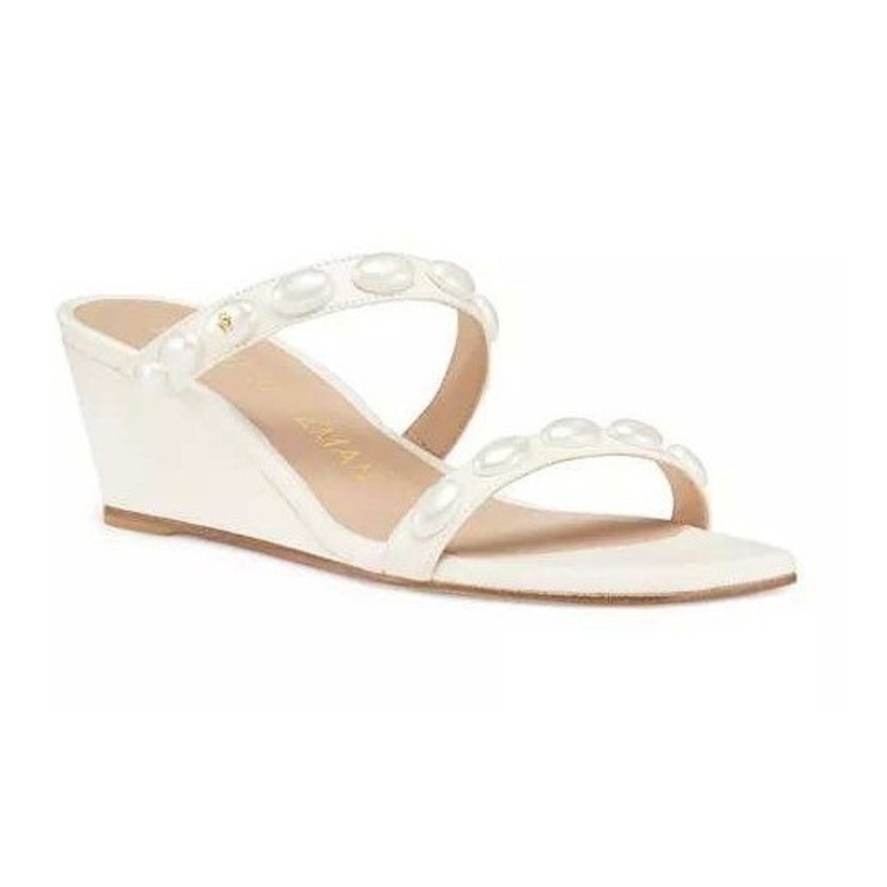 Stuart Weitzman Pearl Embellished Leather Wedge Sandals  Size 8B - Picture 2 of 10
